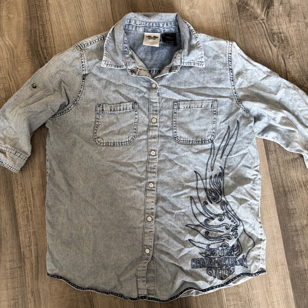 Women's Harley Davidson Blue Denim Embroidered Snap Button Shirt Top Small